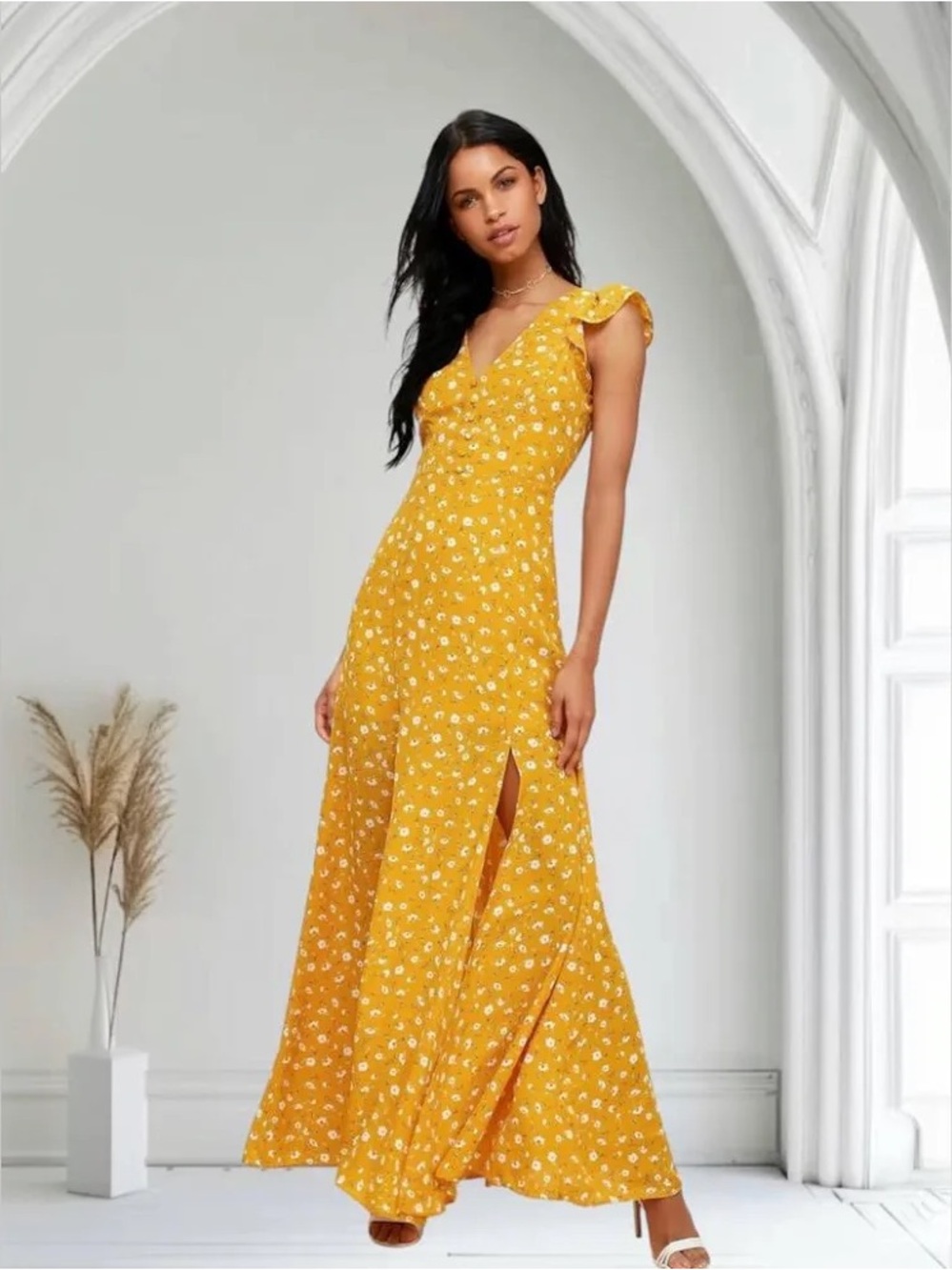 Lulus Fresh Picked Yellow Floral Print Backless Maxi Dress Women’s Size Small